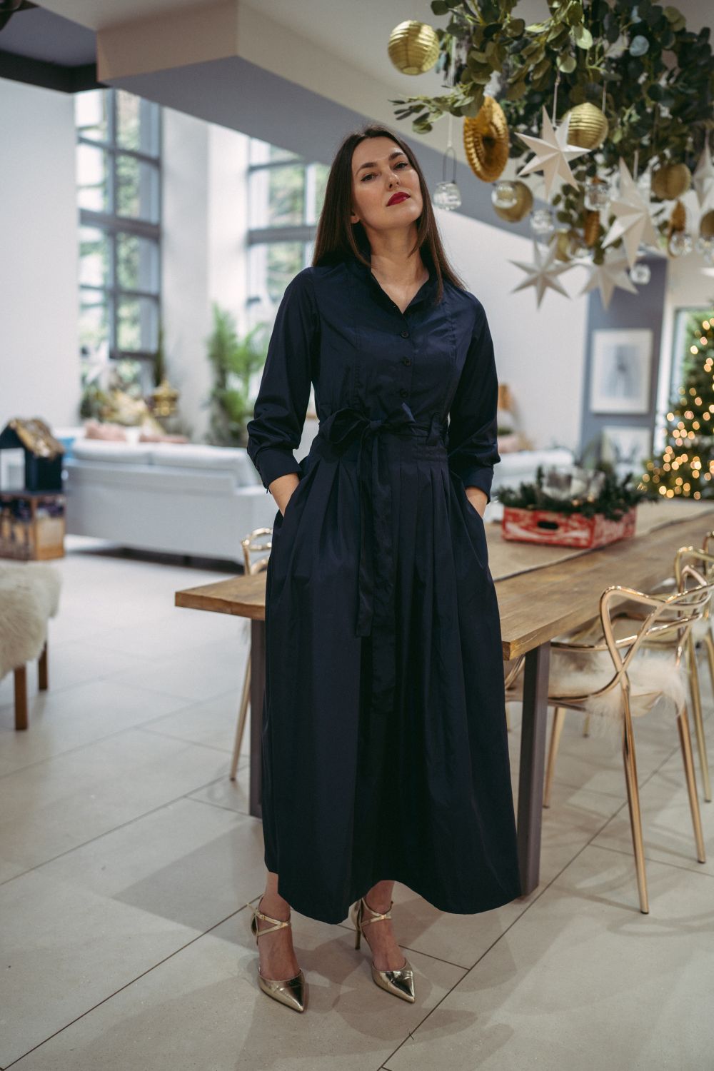 Marina Dress Long Pleated Shirt Dress in Navy