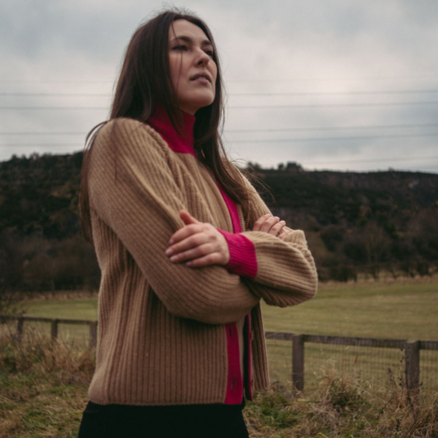 Michelle Wool Cardigan Camel & Lipstick Pink