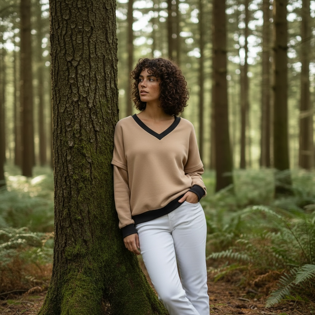 Victoria V-Neck Sweatshirt – Camel