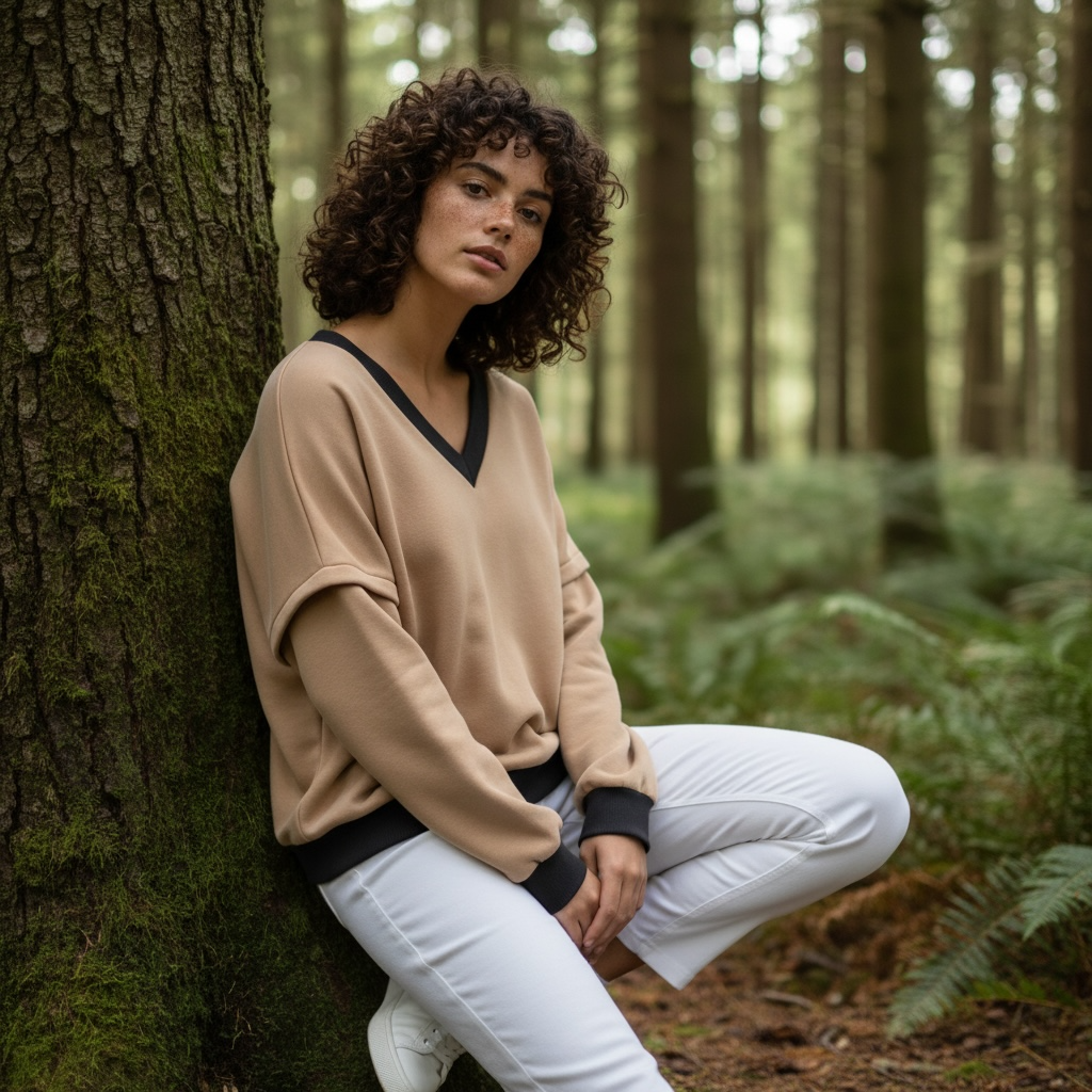 Victoria V-Neck Sweatshirt – Camel