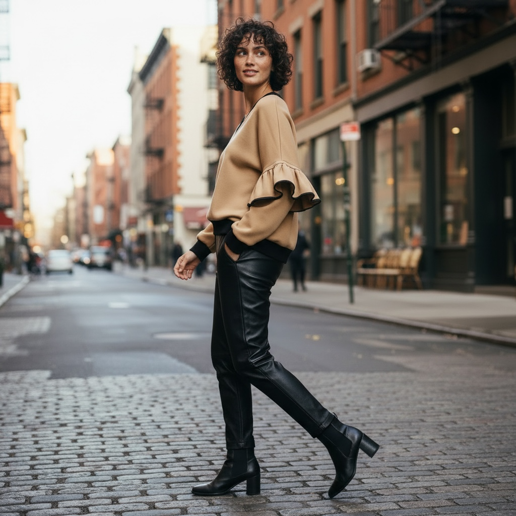Victoria Ruffle Sleeve Sweatshirt – Camel