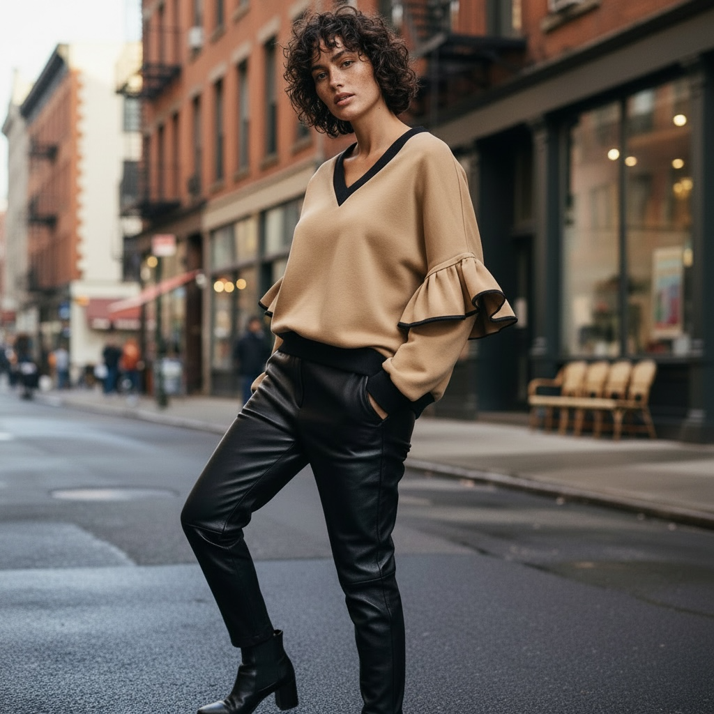 Victoria Ruffle Sleeve Sweatshirt – Camel