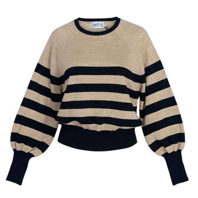 Beige and navystriped sweater with 'Beira' label on a white background