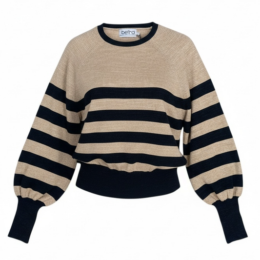 Beige and navystriped sweater with 'Beira' label on a white background