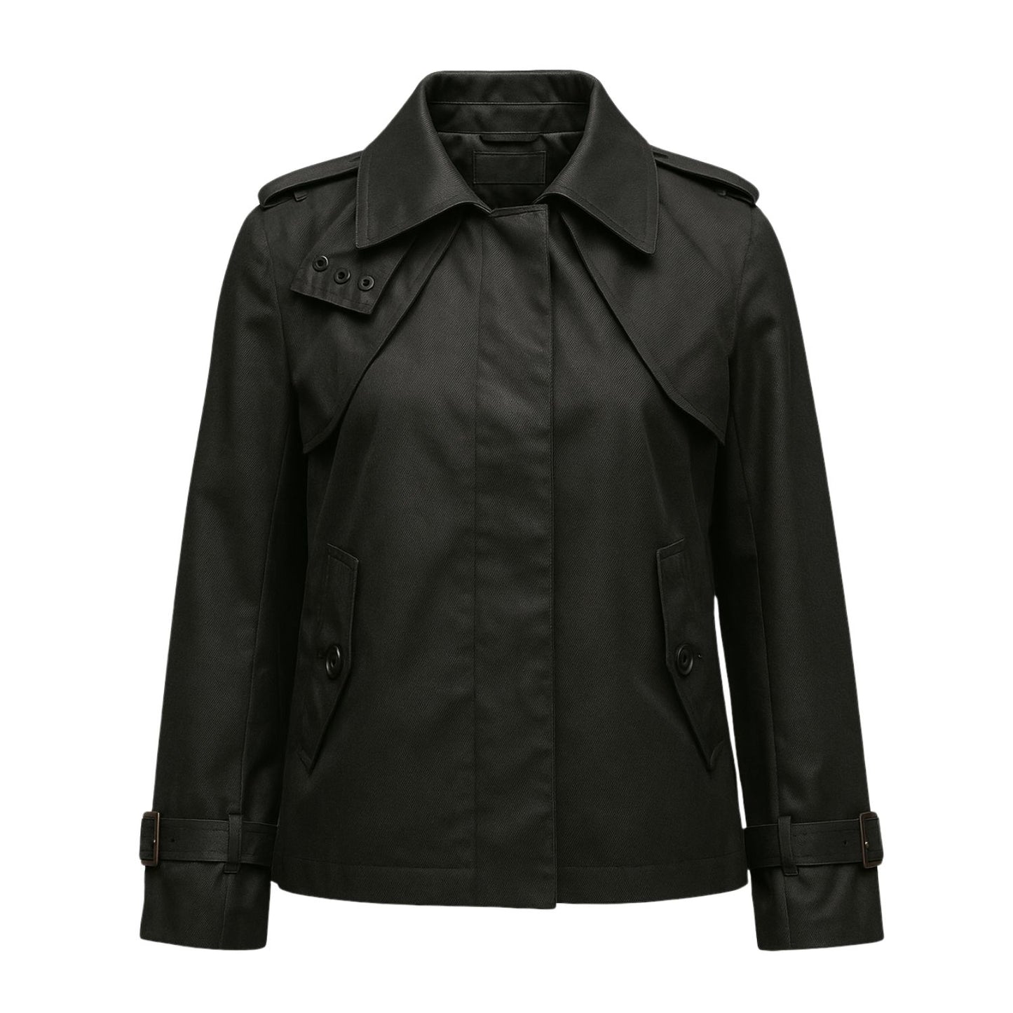 Amelia Cropped Windproof & Waterproof Trench Coat With Detachable Hood In Black