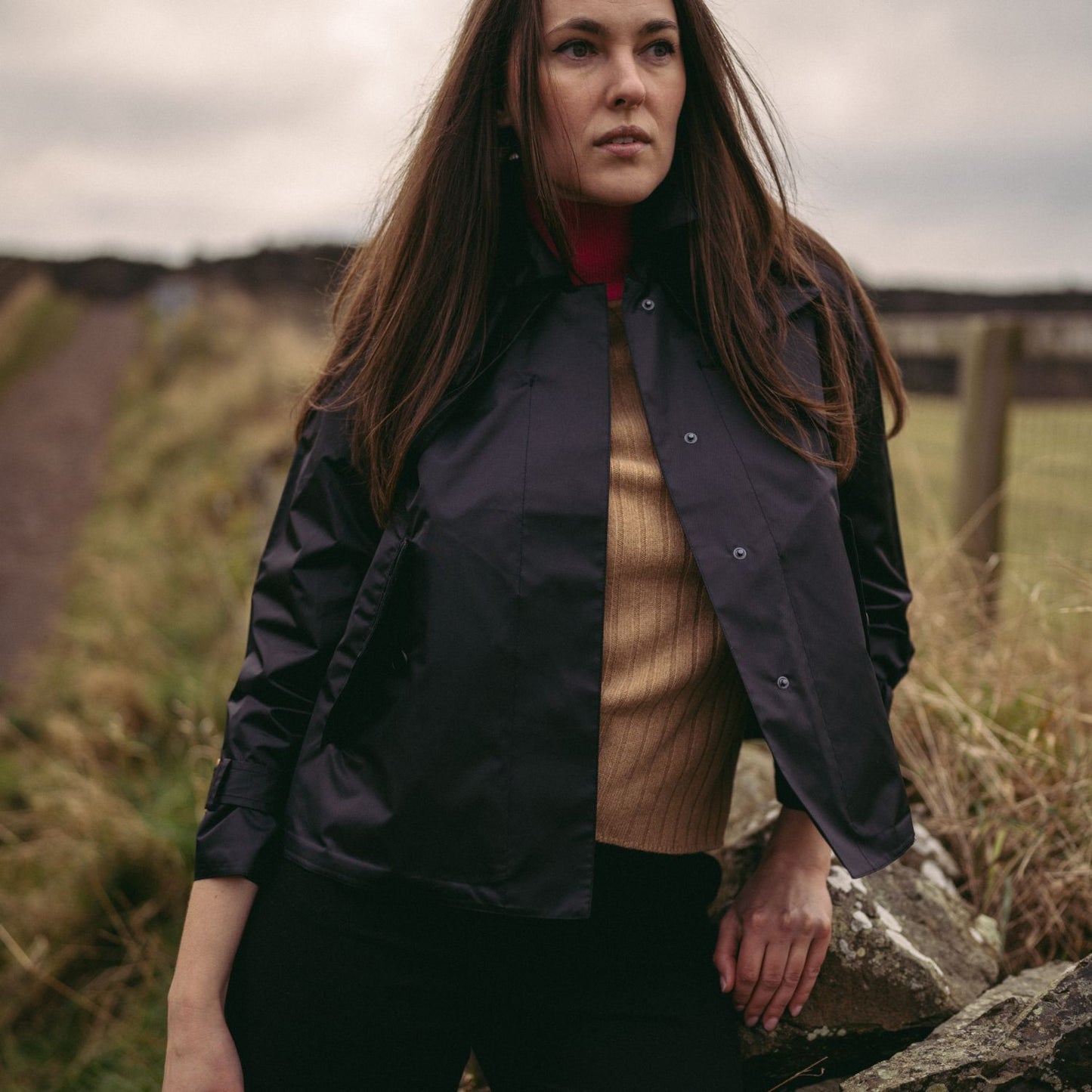 Amelia Cropped Windproof & Waterproof Trench Coat With Detachable Hood In Black