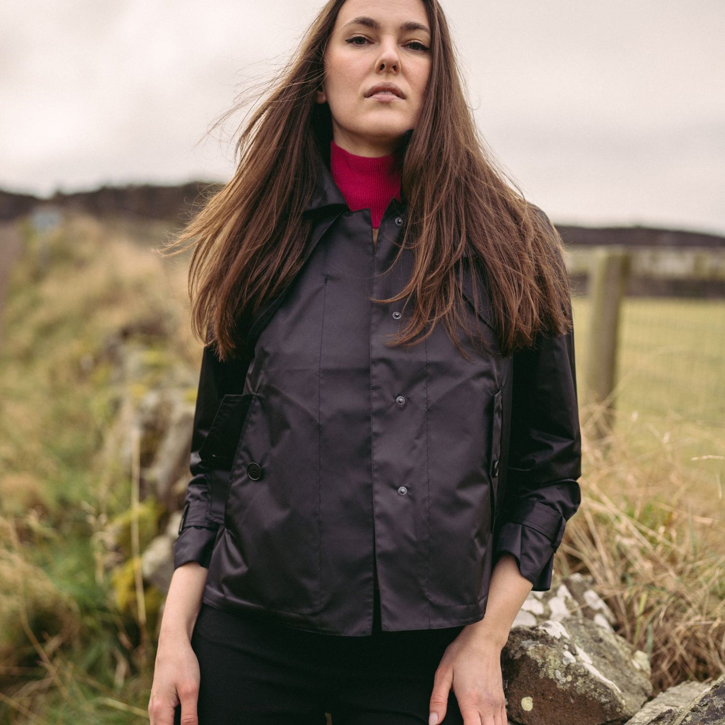 Amelia Cropped Windproof & Waterproof Trench Coat With Detachable Hood In Black