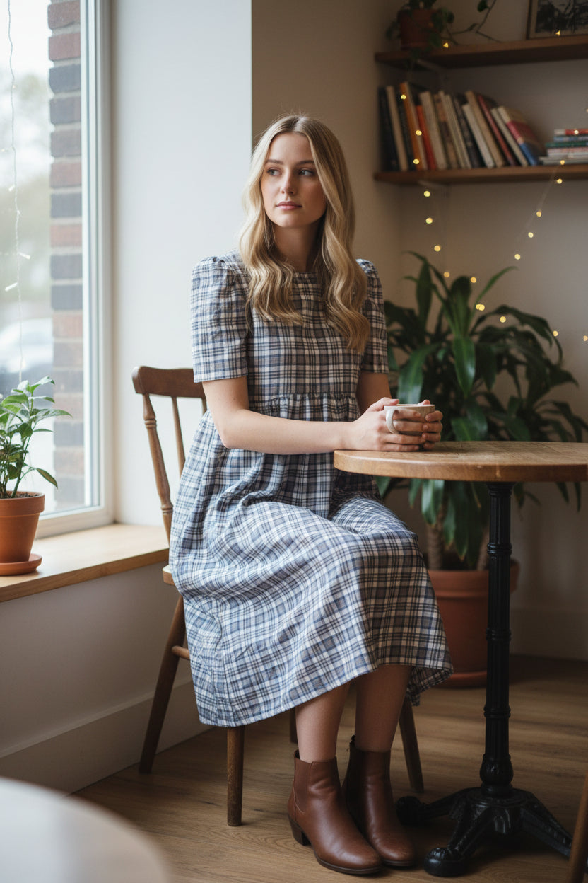 Flora Dress – Blue Check Cotton
