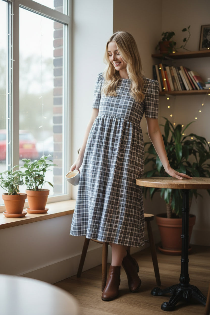 Flora Dress – Blue Check Cotton
