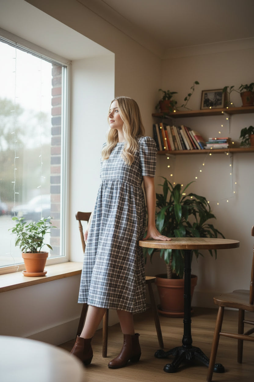 Flora Dress – Blue Check Cotton