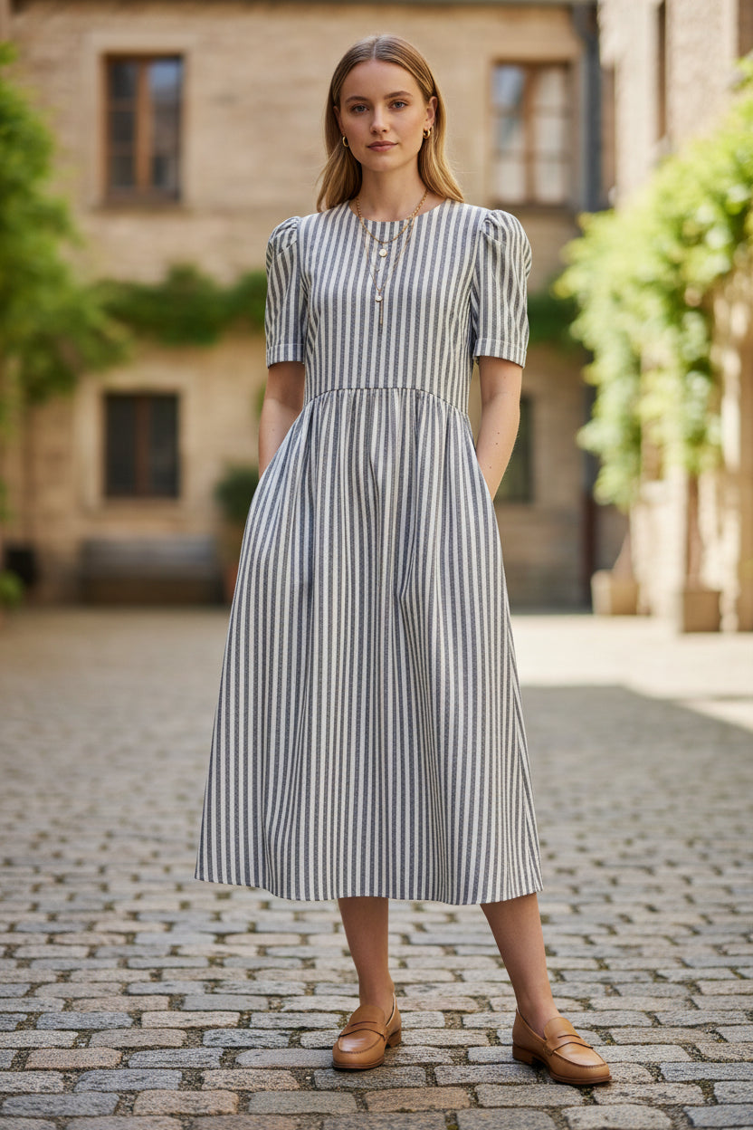 Flora Dress – Blue Stripe Cotton