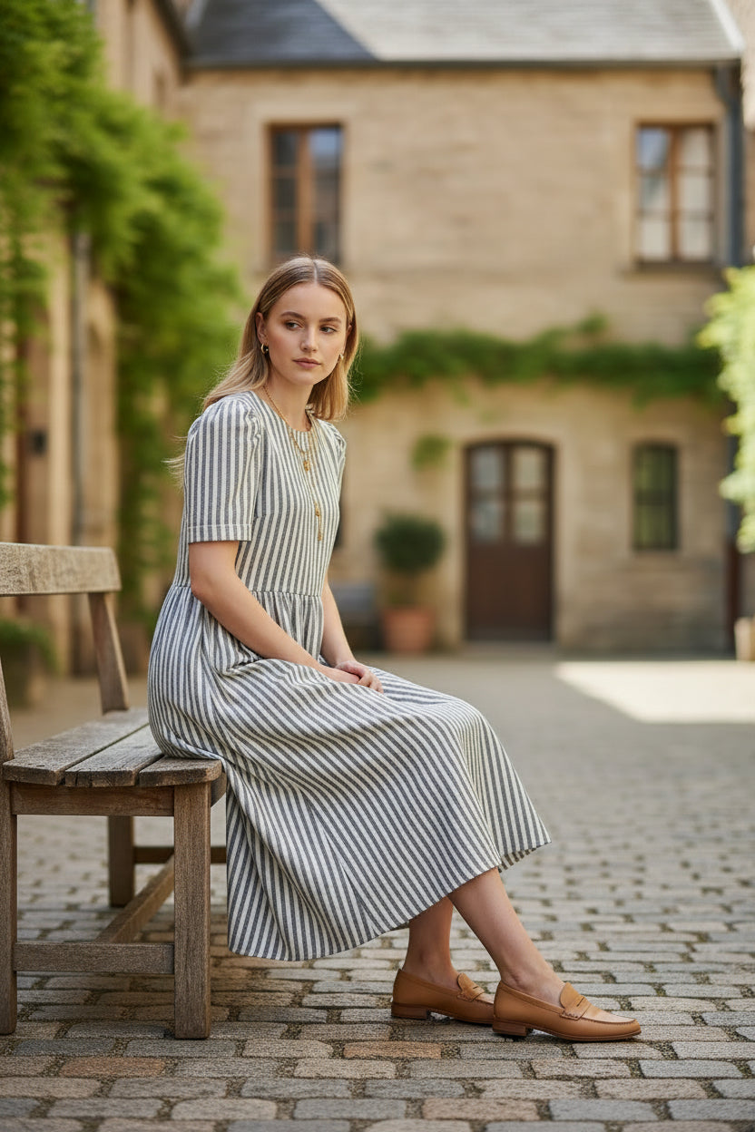Flora Dress – Blue Stripe Cotton