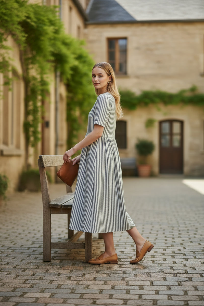 Flora Dress – Blue Stripe Cotton