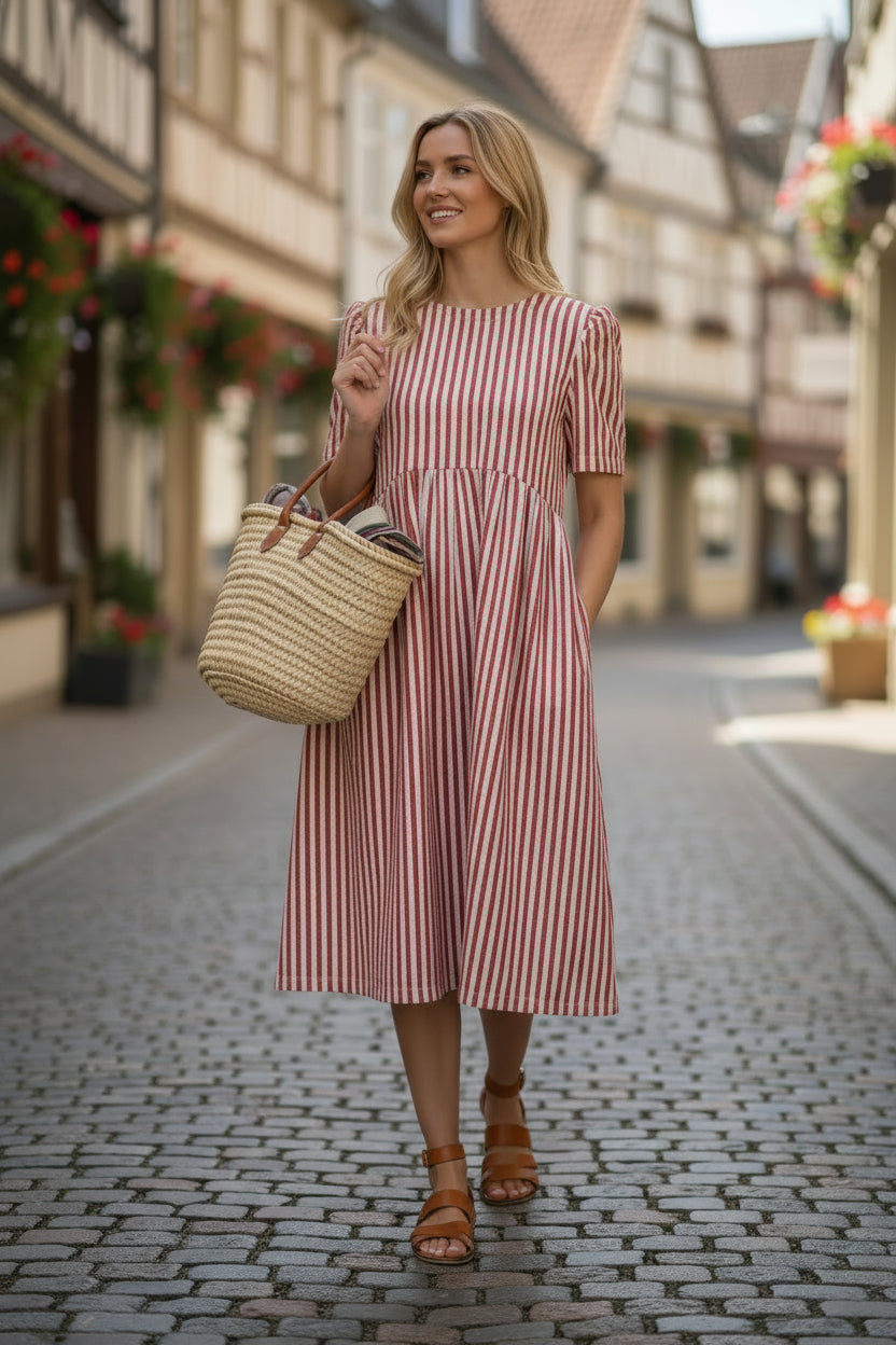 Flora Dress – Red Stripe Cotton