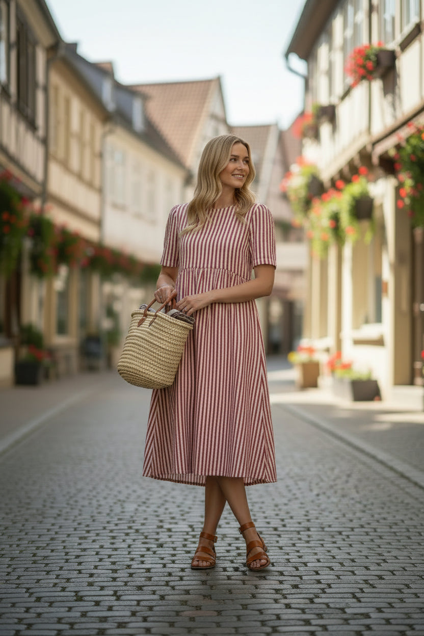 Flora Dress – Red Stripe Cotton