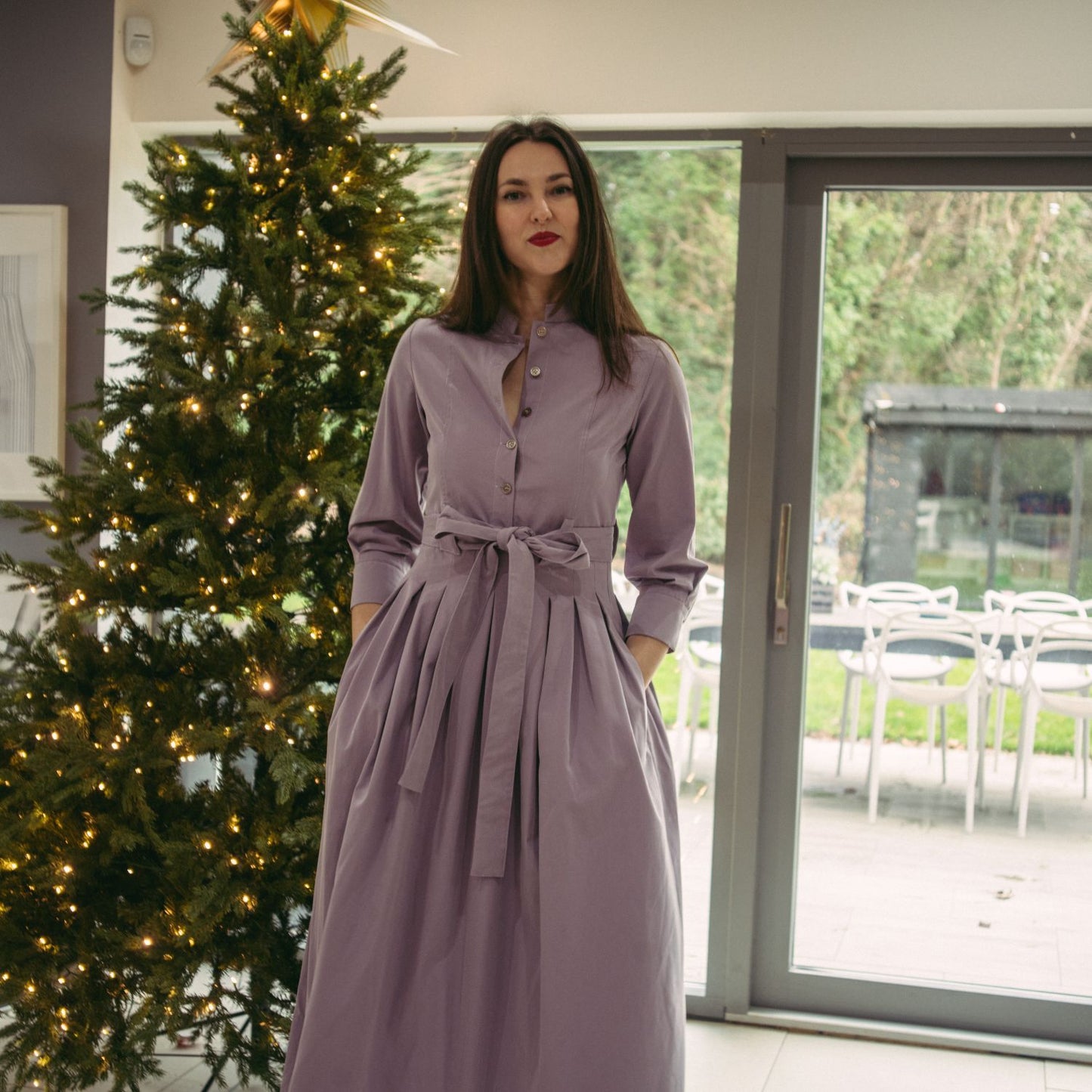 Marina Dress Long Pleated Shirt Dress in Lilac