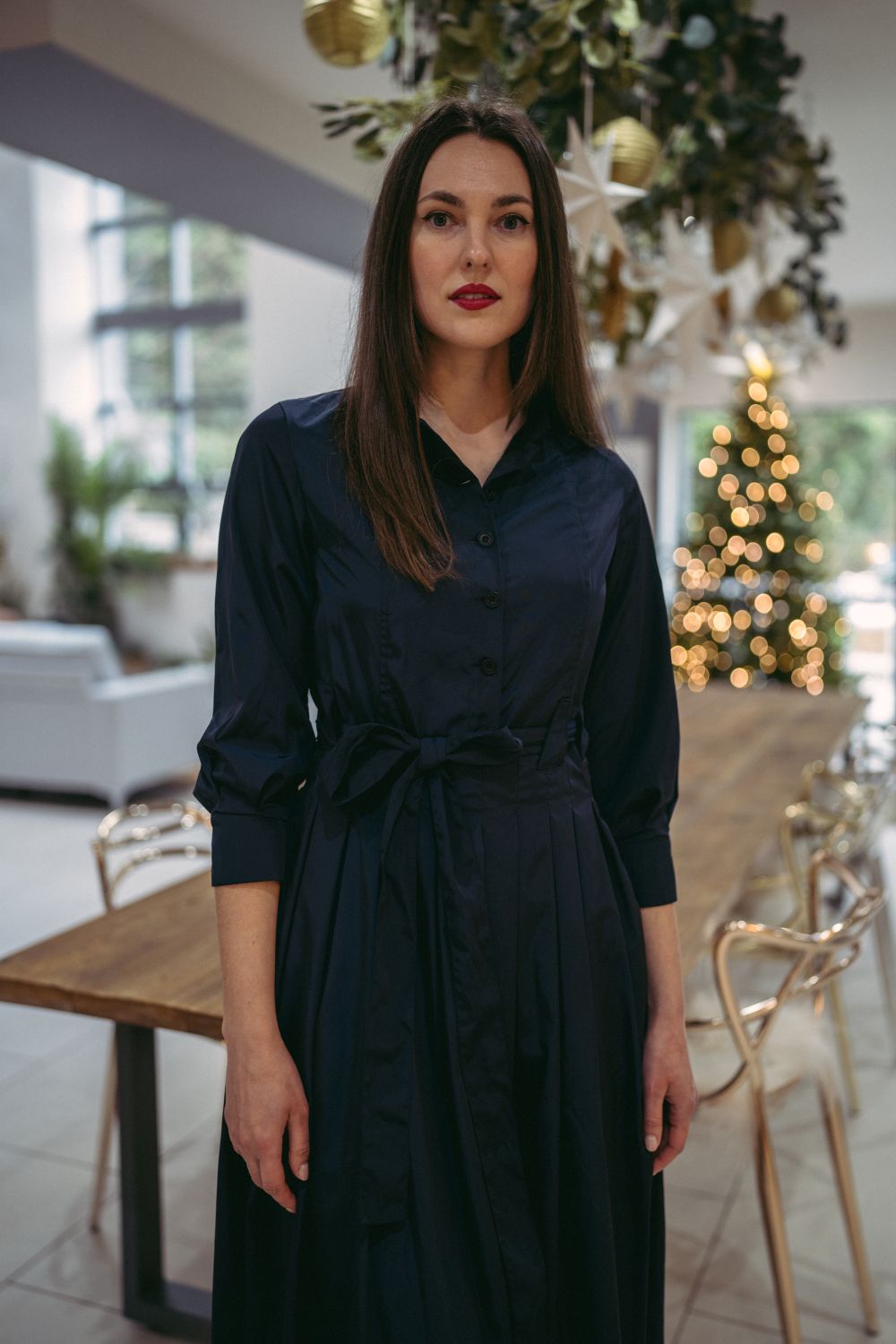 Marina Dress Long Pleated Shirt Dress in Navy