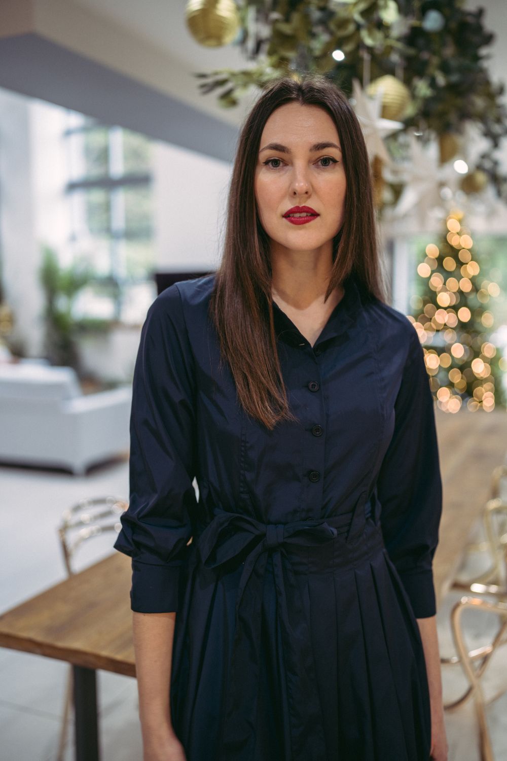 Marina Dress Long Pleated Shirt Dress in Navy