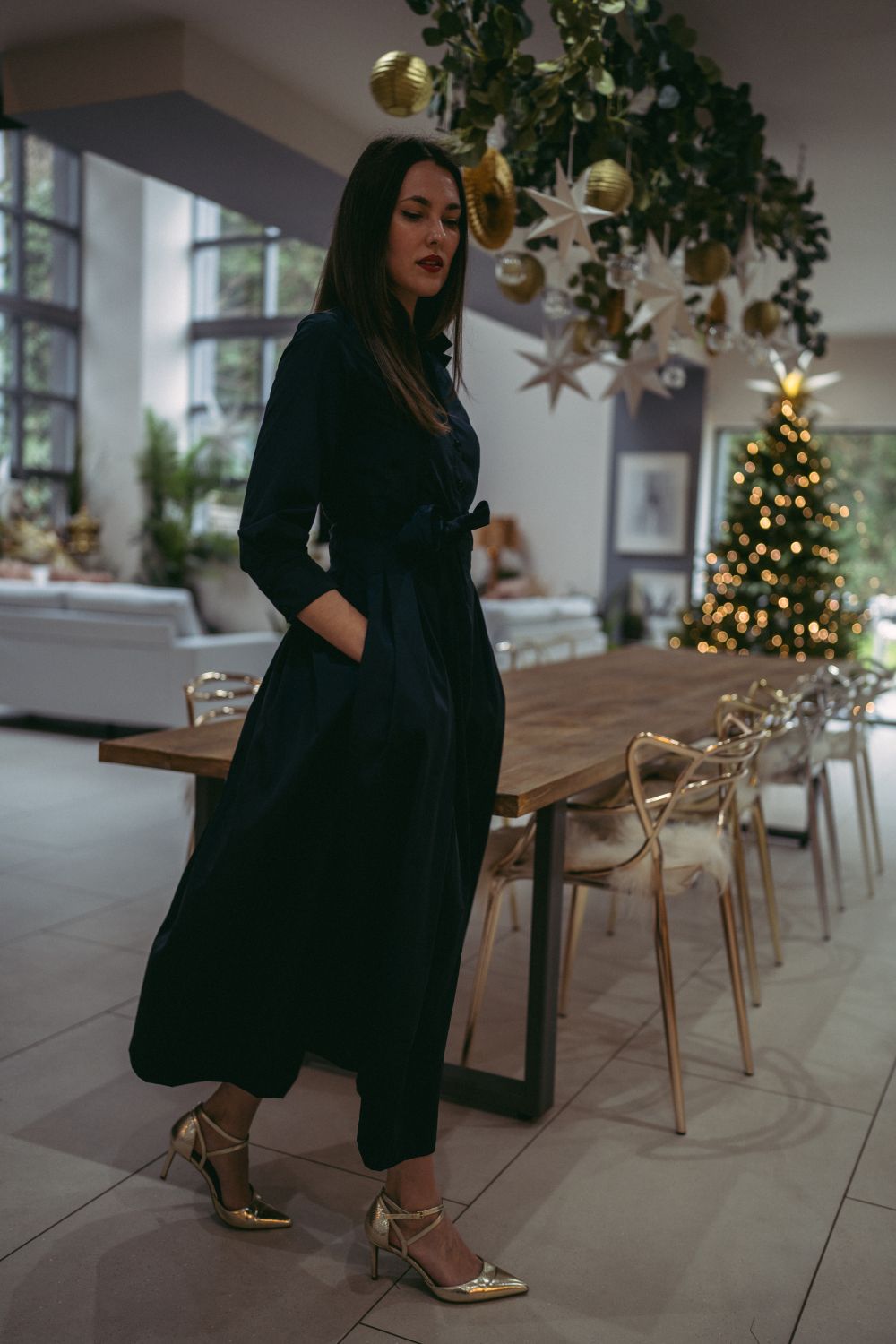 Marina Dress Long Pleated Shirt Dress in Navy