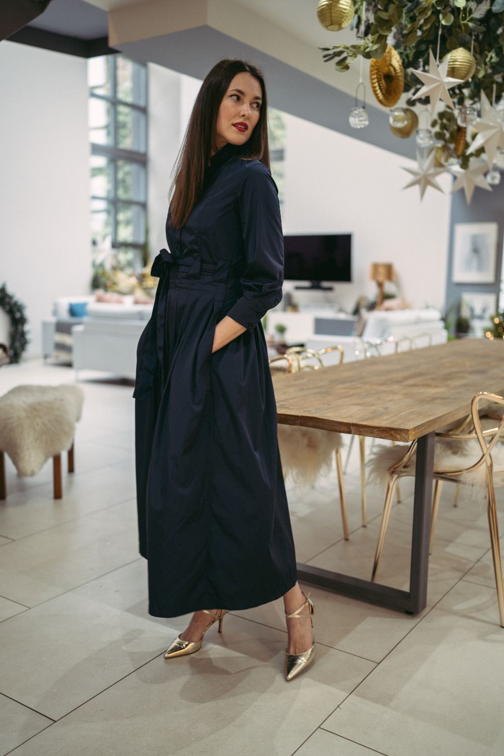 Marina Dress Long Pleated Shirt Dress in Navy