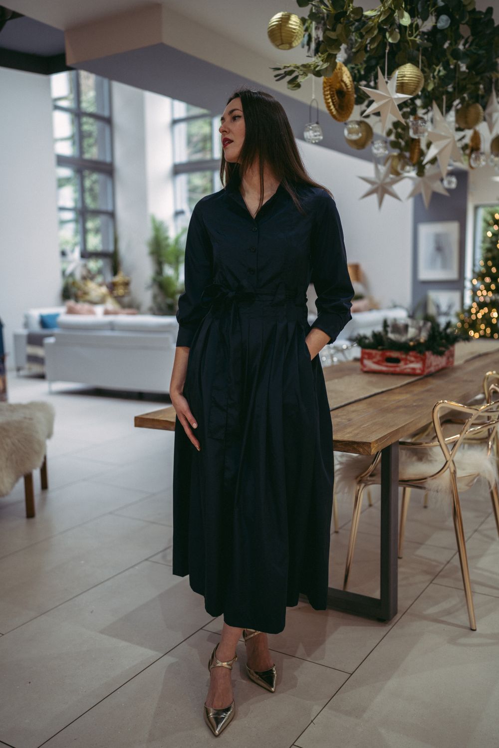 Marina Dress Long Pleated Shirt Dress in Taupe