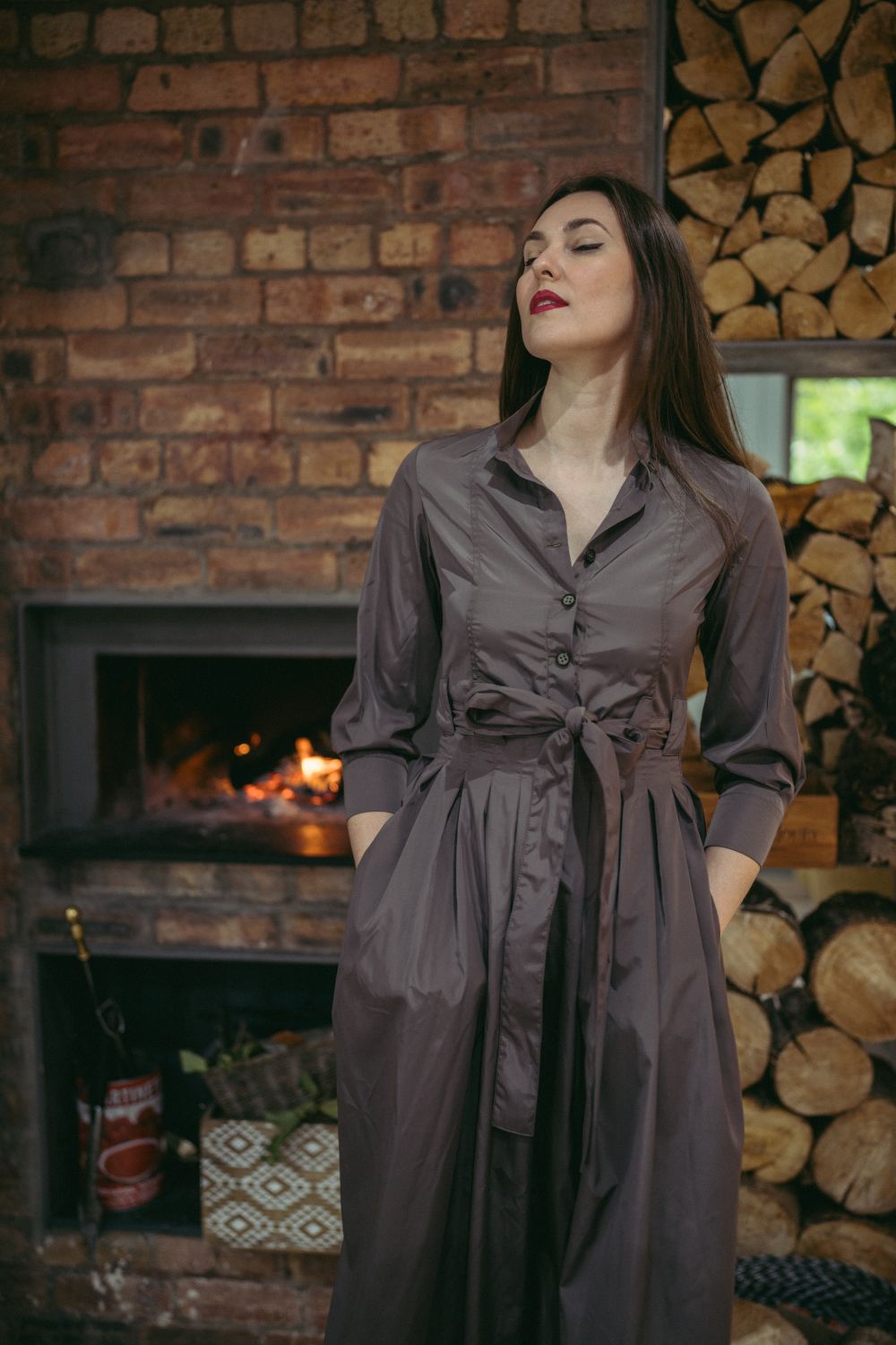 Marina Dress Long Pleated Shirt Dress in Taupe