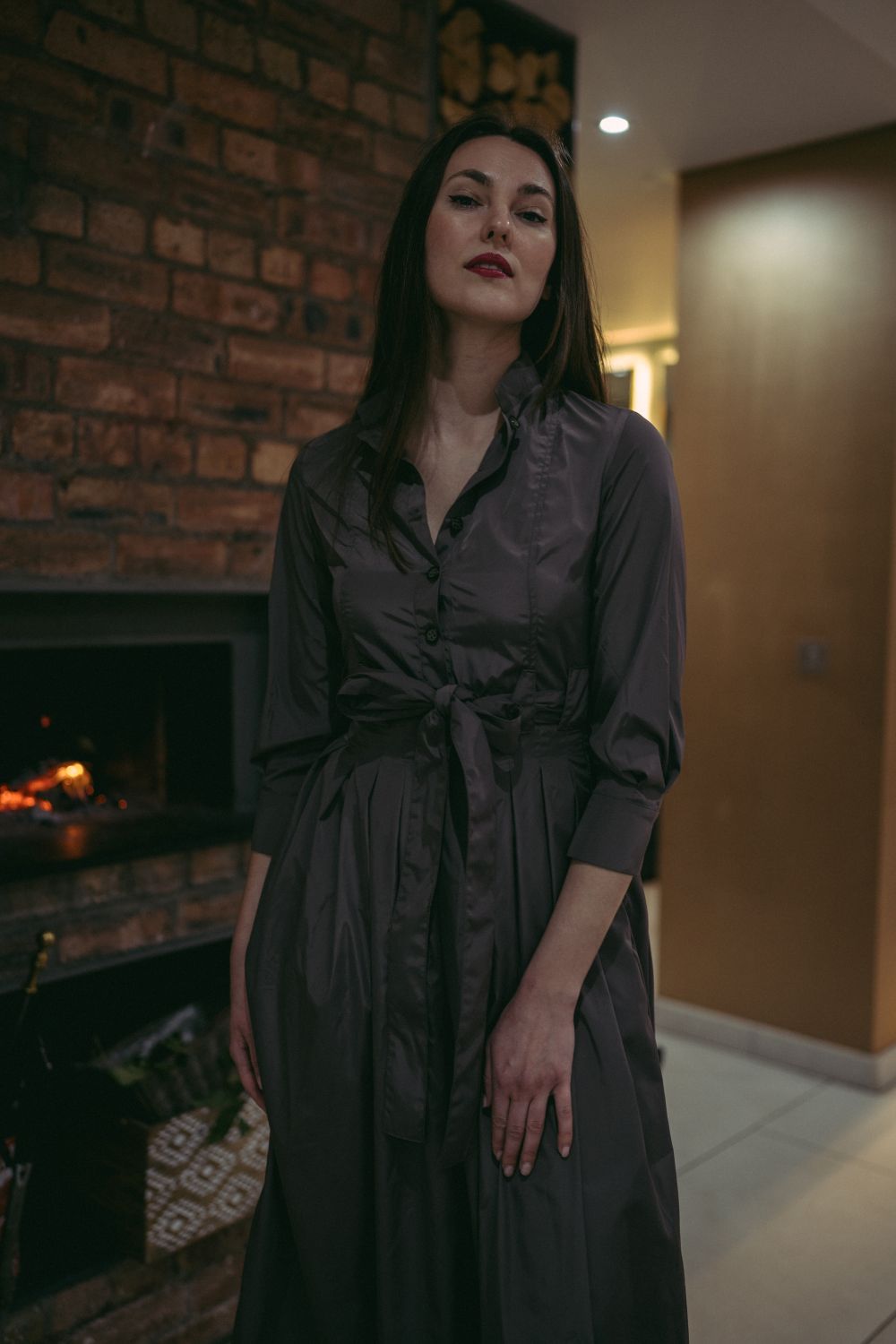 Marina Dress Long Pleated Shirt Dress in Taupe