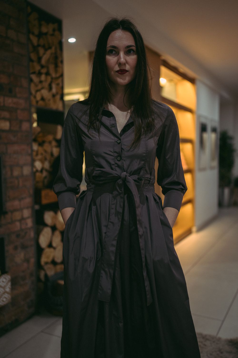 Marina Dress Long Pleated Shirt Dress in Taupe