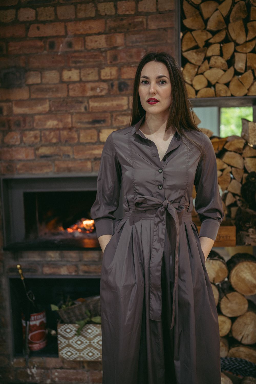 Marina Dress Long Pleated Shirt Dress in Taupe