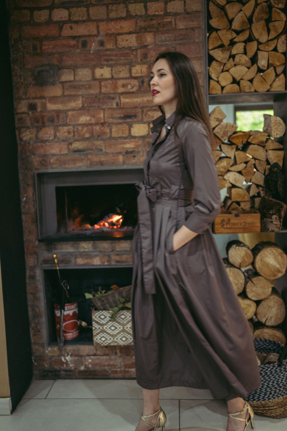 Marina Dress Long Pleated Shirt Dress in Taupe