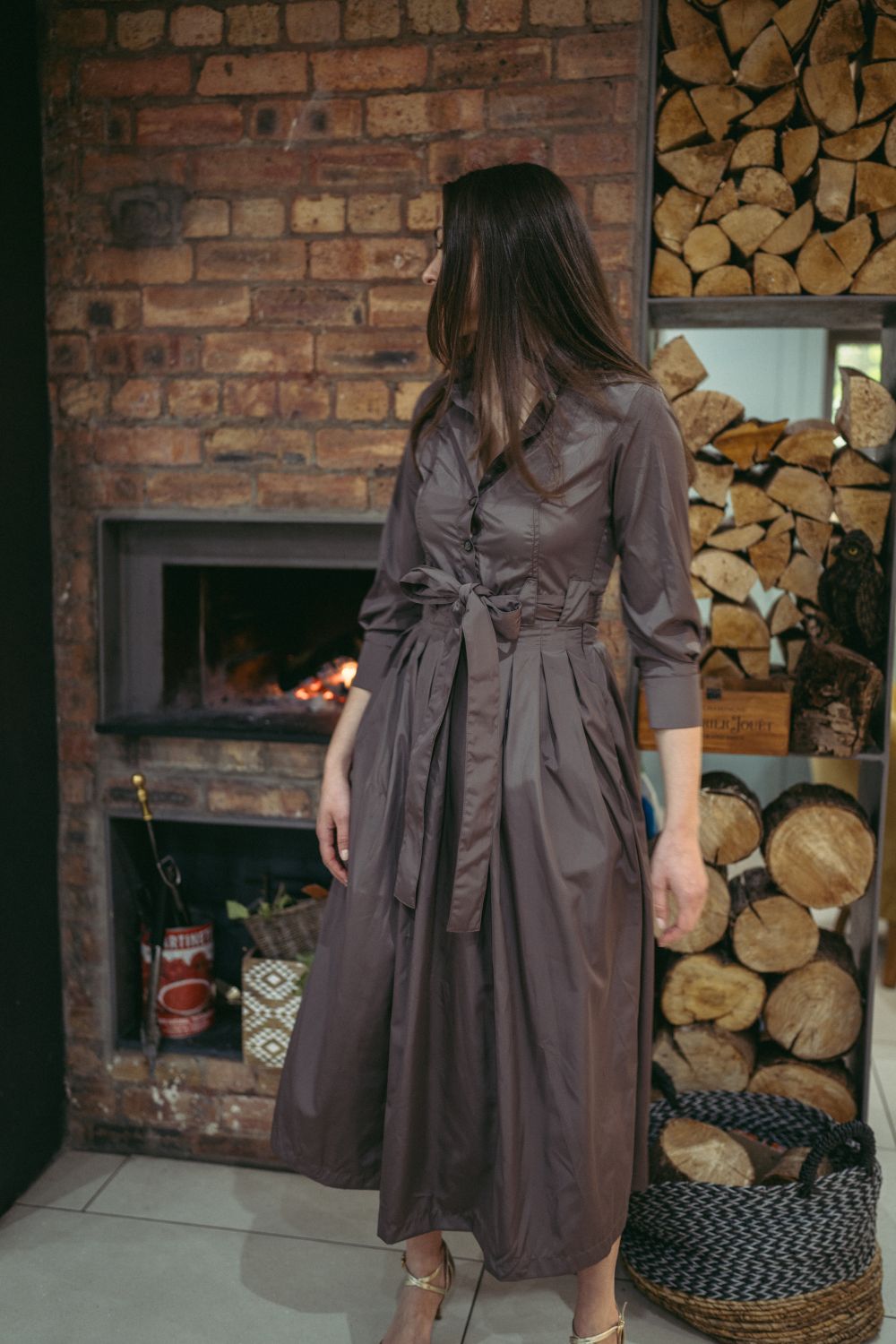 Marina Dress Long Pleated Shirt Dress in Taupe