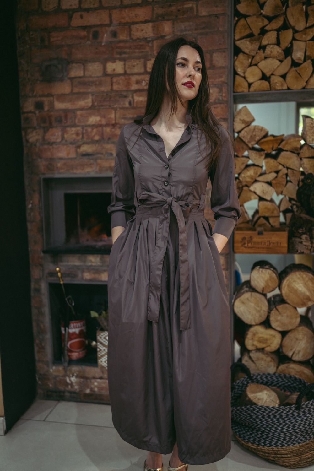Marina Dress Long Pleated Shirt Dress in Taupe