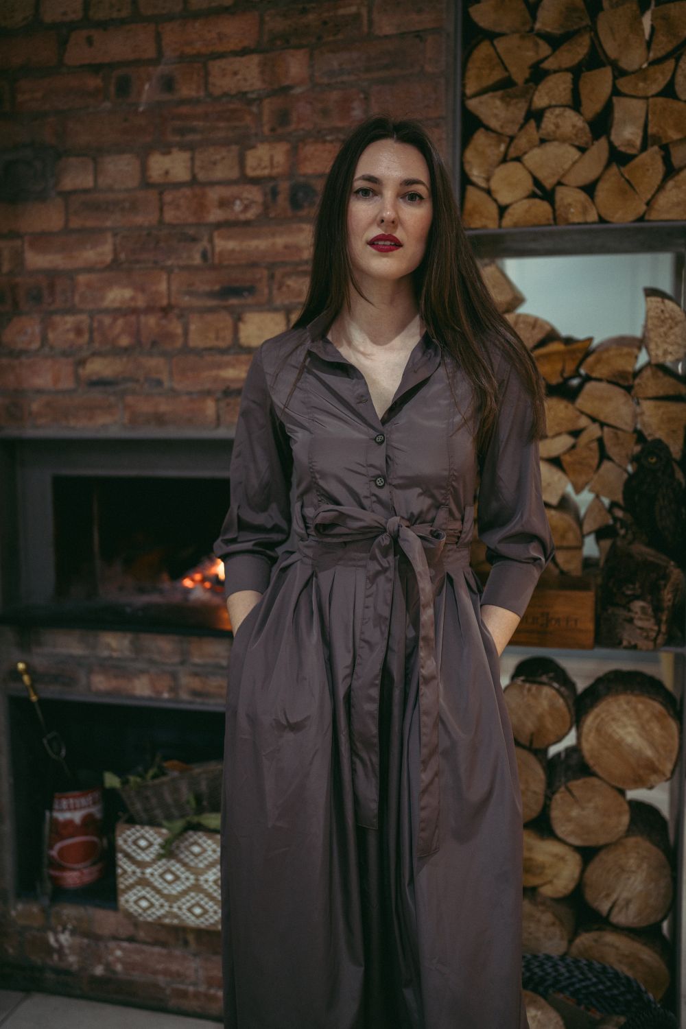 Marina Dress Long Pleated Shirt Dress in Taupe