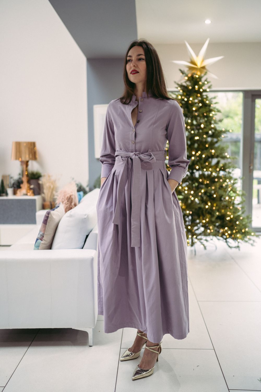 Marina Dress Long Pleated Shirt Dress in Lilac