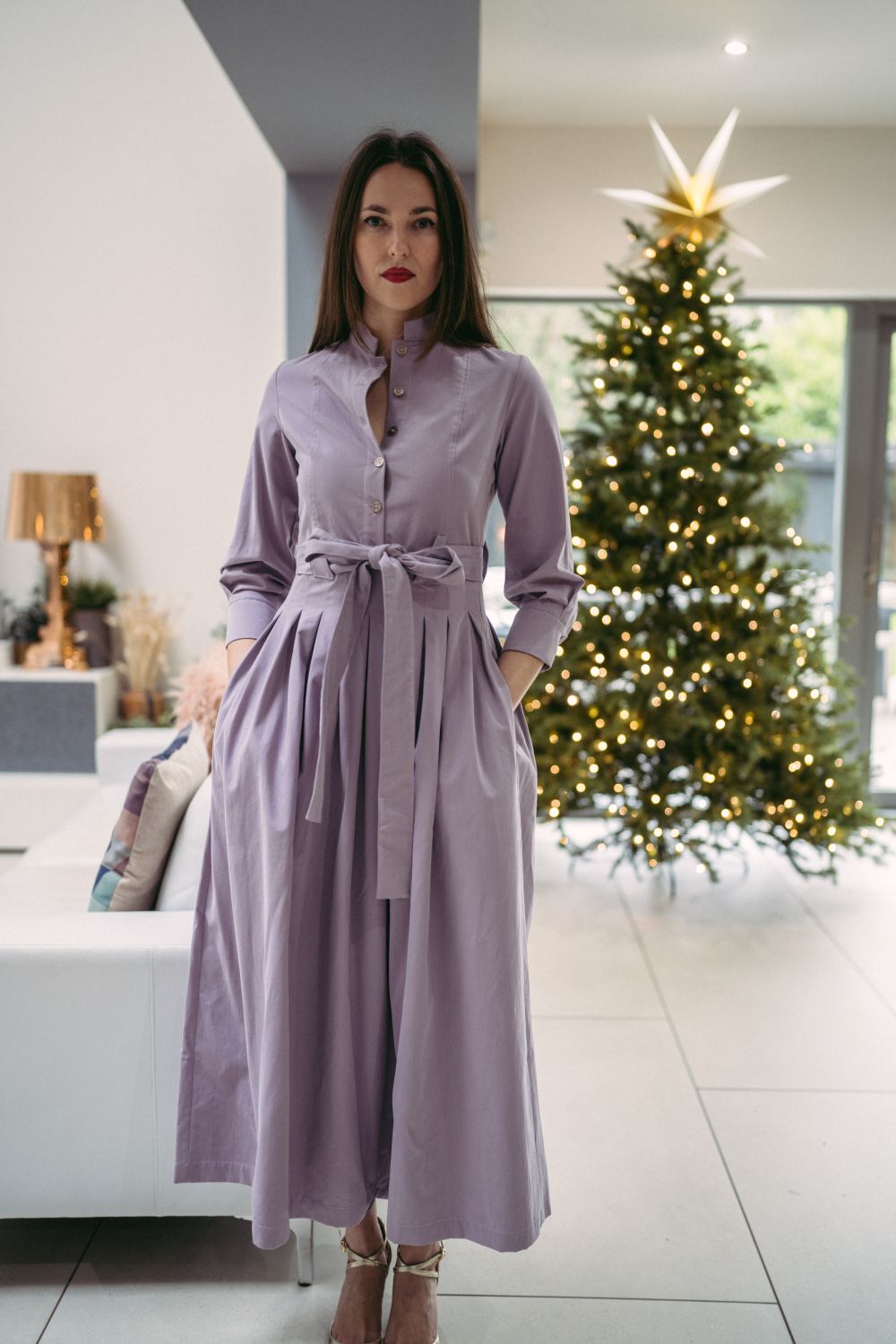 Marina Dress Long Pleated Shirt Dress in Lilac