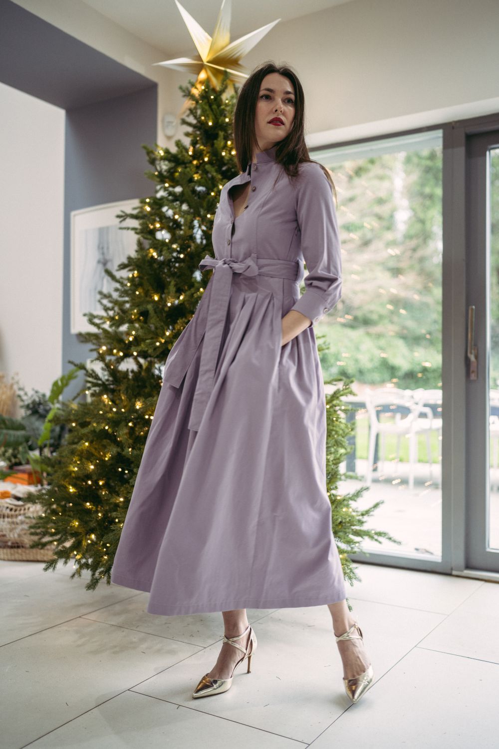 Marina Dress Long Pleated Shirt Dress in Lilac