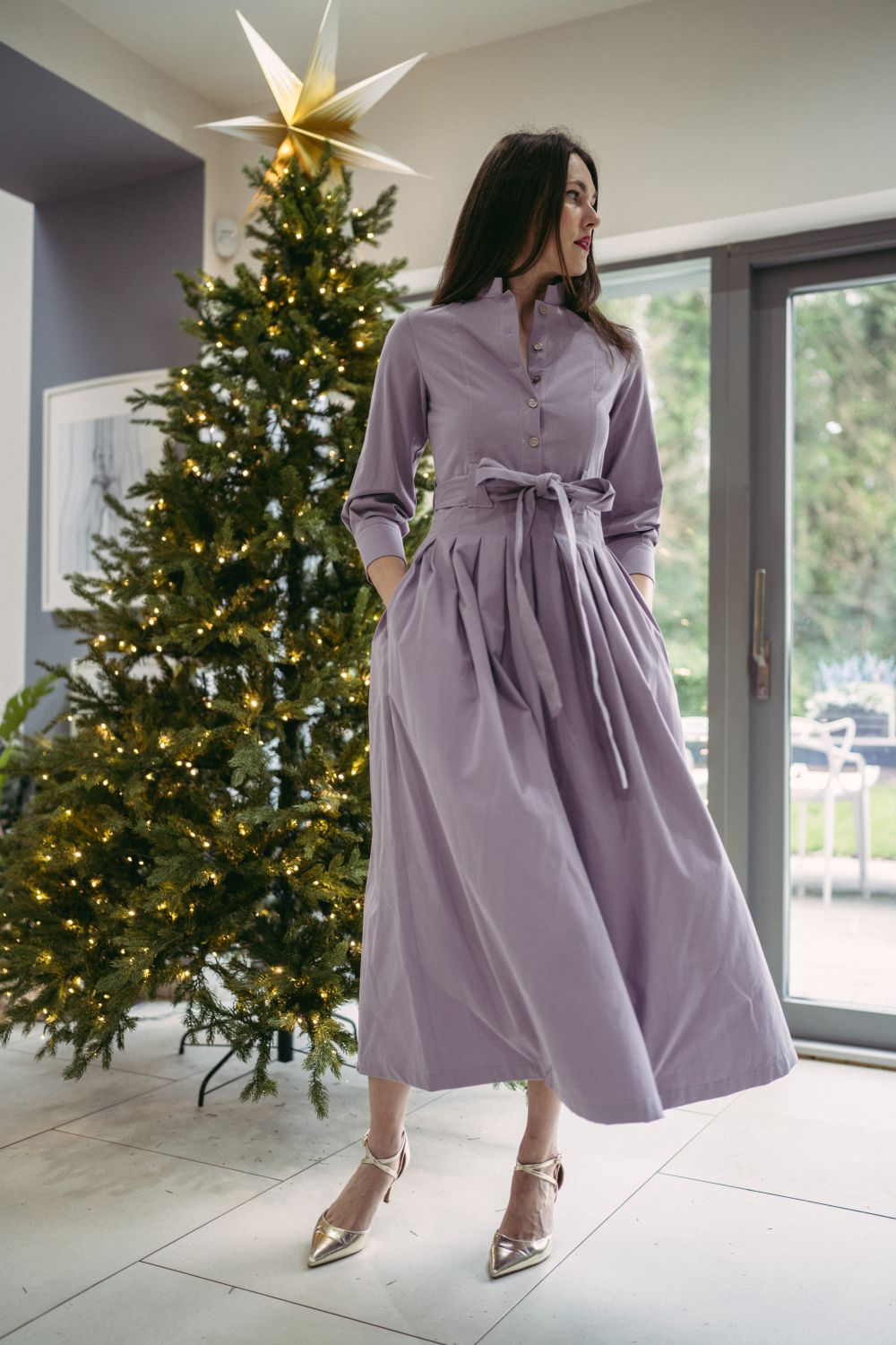 Marina Dress Long Pleated Shirt Dress in Lilac
