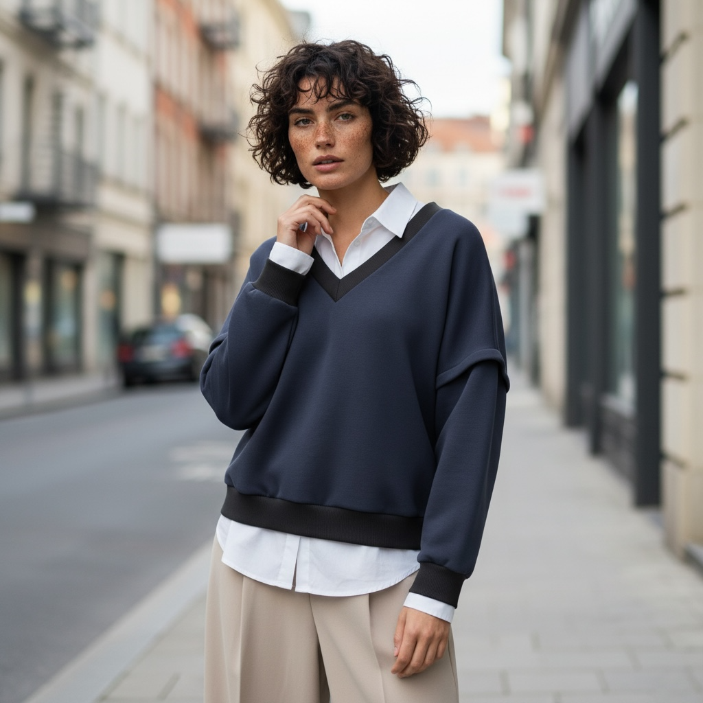 Victoria V-Neck Sweatshirt – Navy