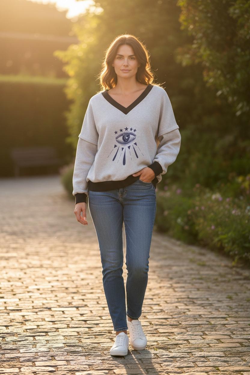 Victoria V-Neck Sweatshirt – Starry Eye Grey