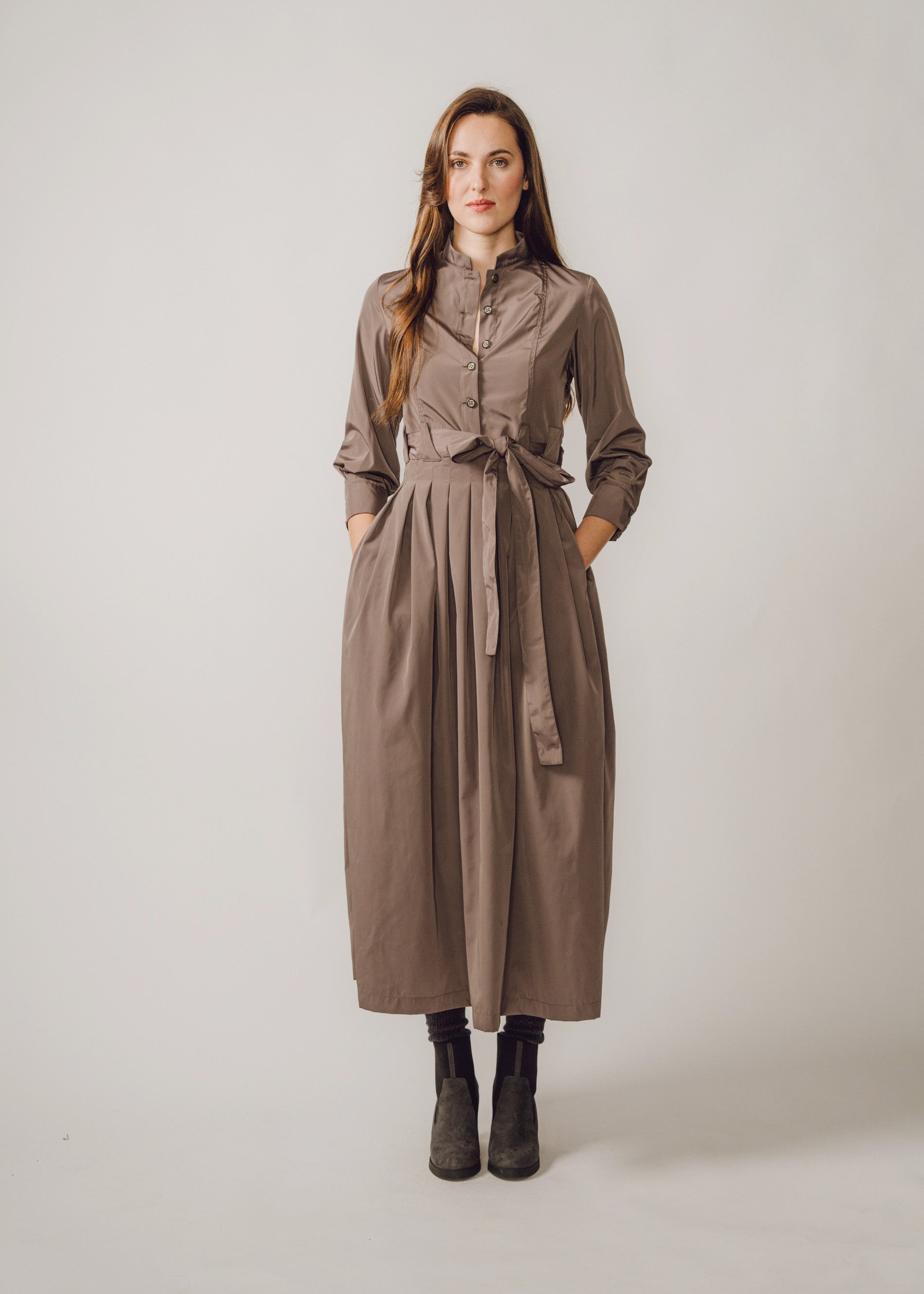 marina long sleeve pleated dress Marina Dress Long Pleated Shirt Dress in Taupe – Beira