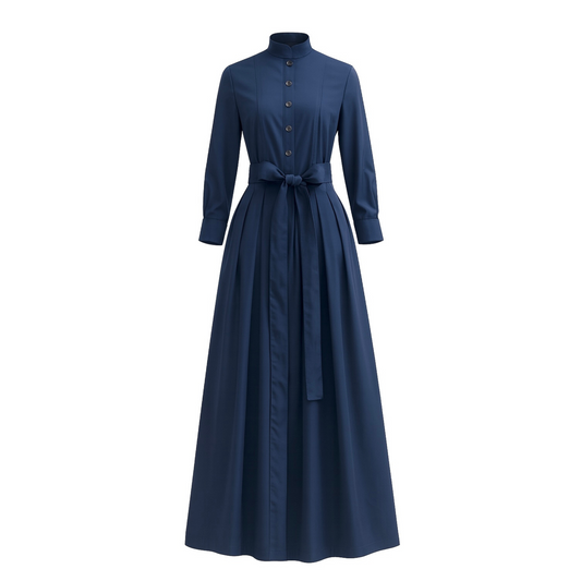 Marina Dress Long Pleated Shirt Dress in Navy