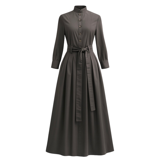 Marina Dress Long Pleated Shirt Dress in Taupe