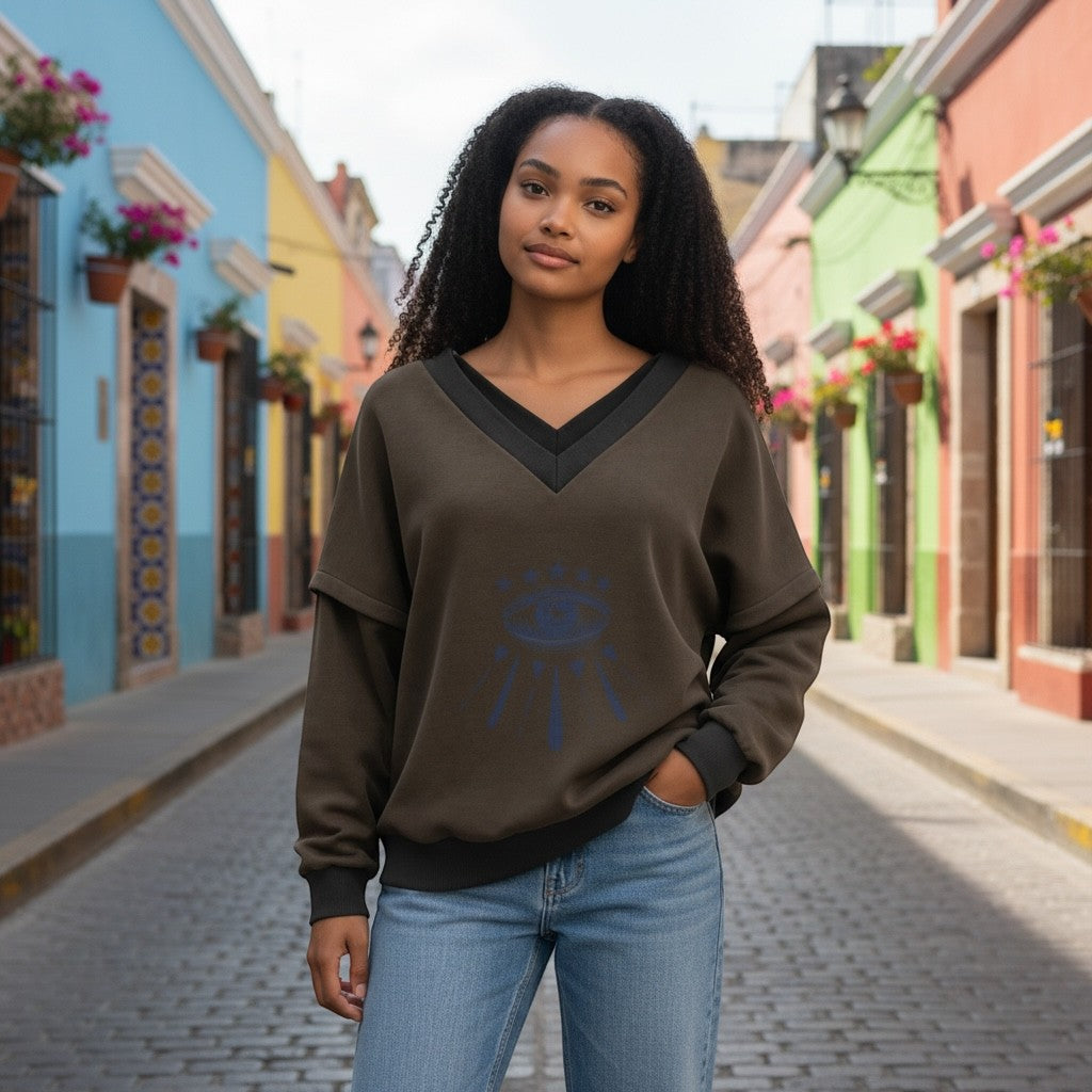 Victoria V-Neck Sweatshirt – Starry Eye Khaki