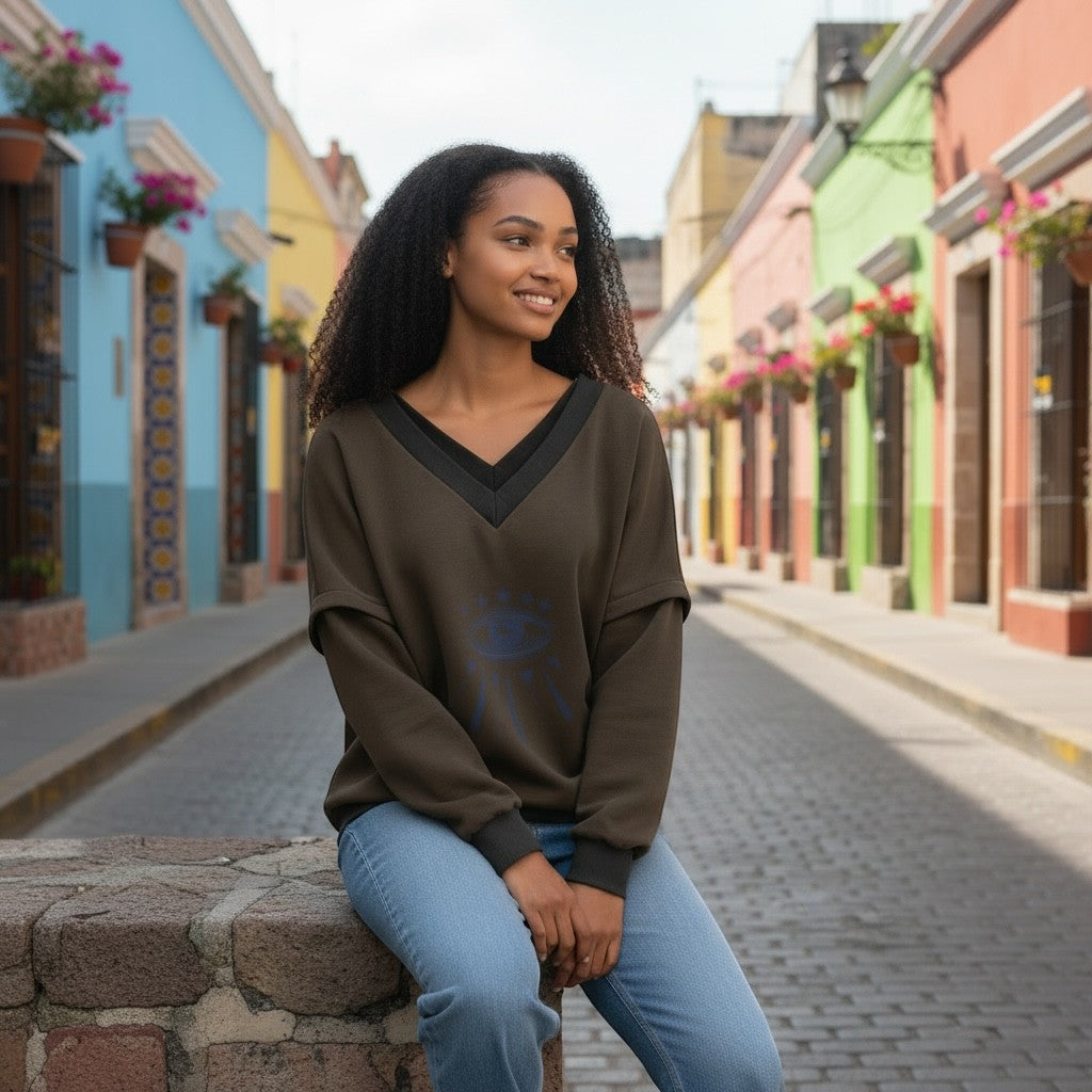 Victoria V-Neck Sweatshirt – Starry Eye Khaki